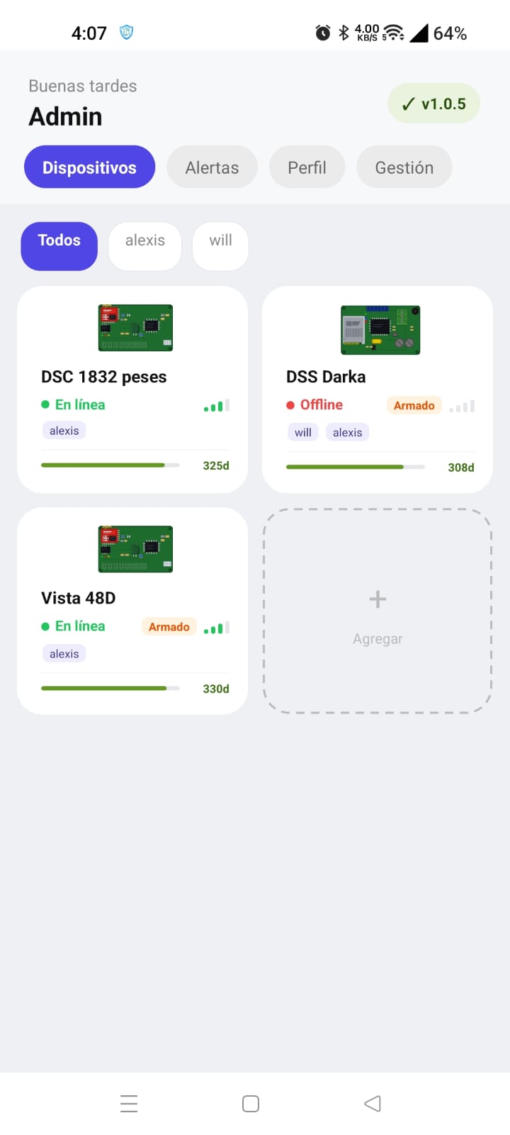 Pantalla de dispositivos en AlarCore