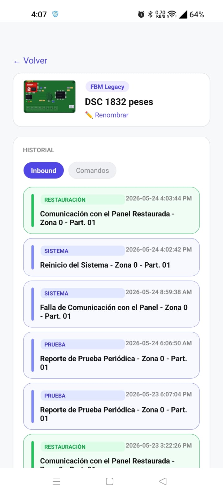 Historial de eventos en AlarCore